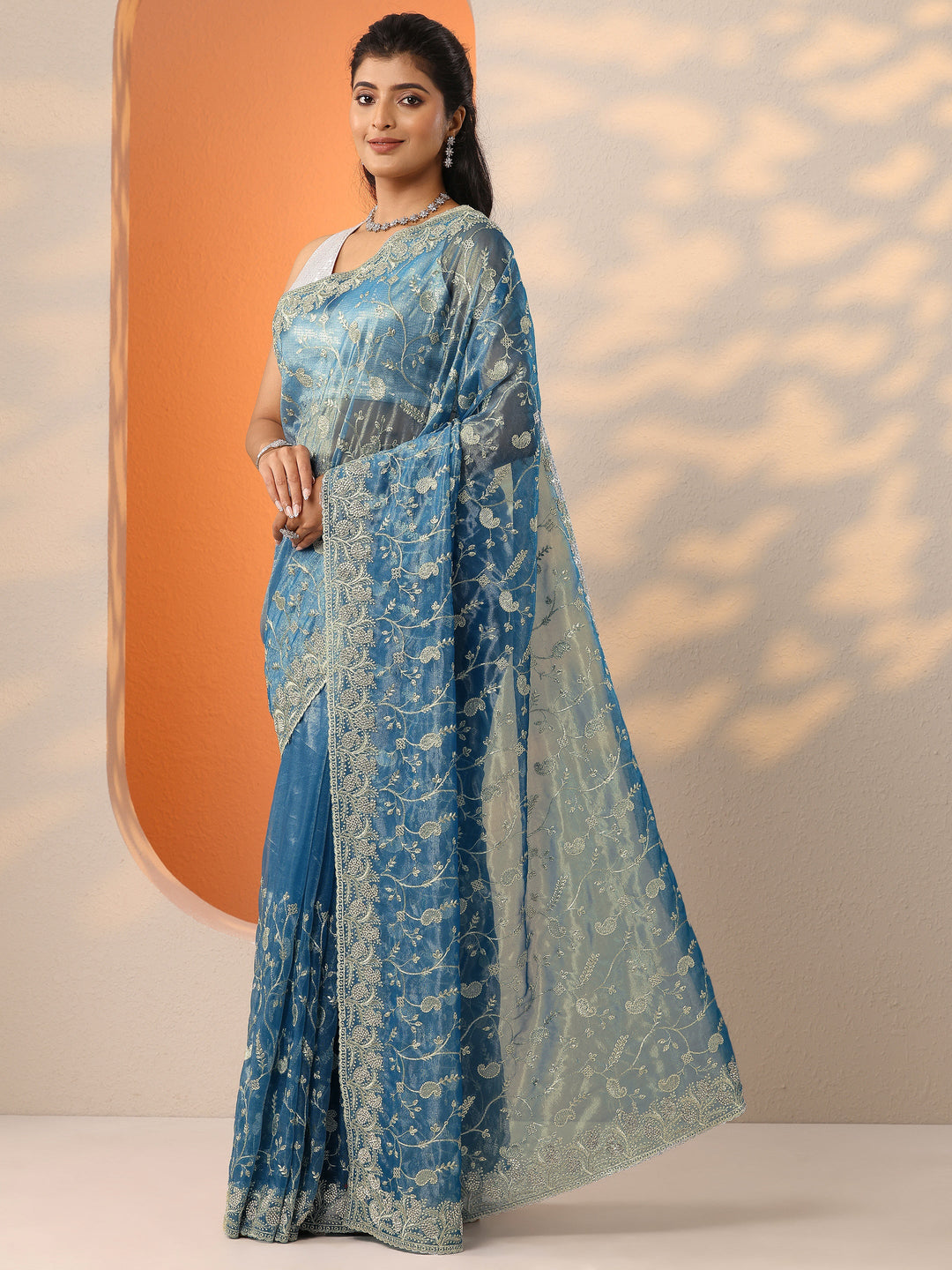 Blue Embellished Banarasi Nylon Saree With Unstitched Blouse Piece