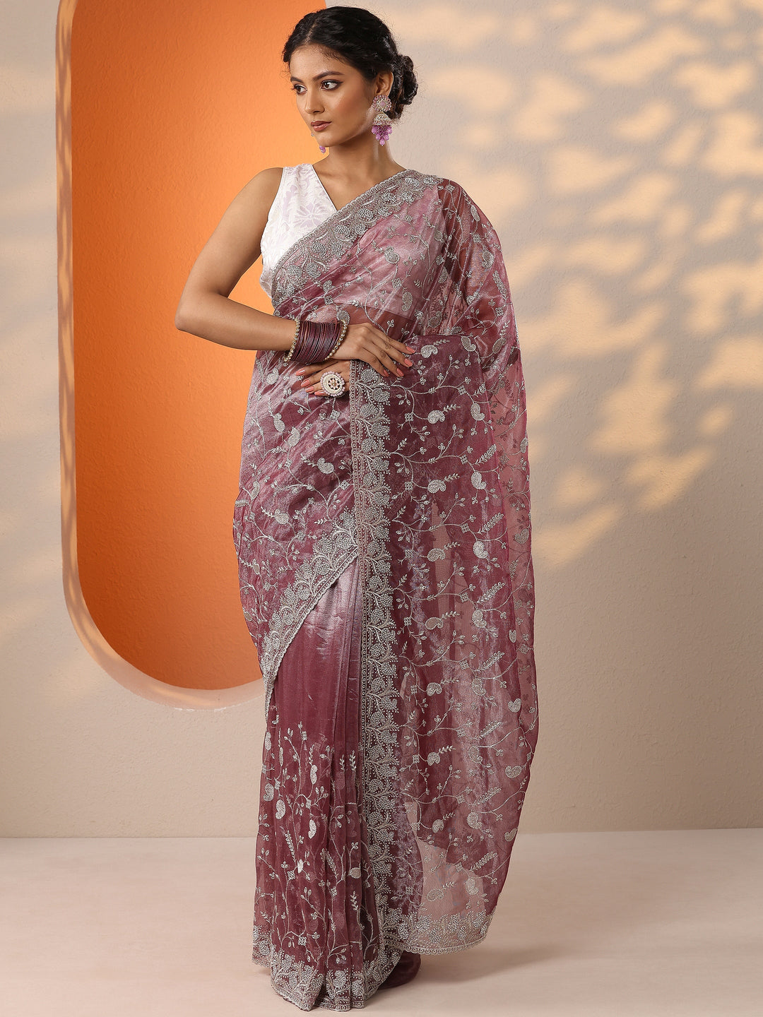 Purple Embellished Nylon Saree With Unstitched Blouse Piece