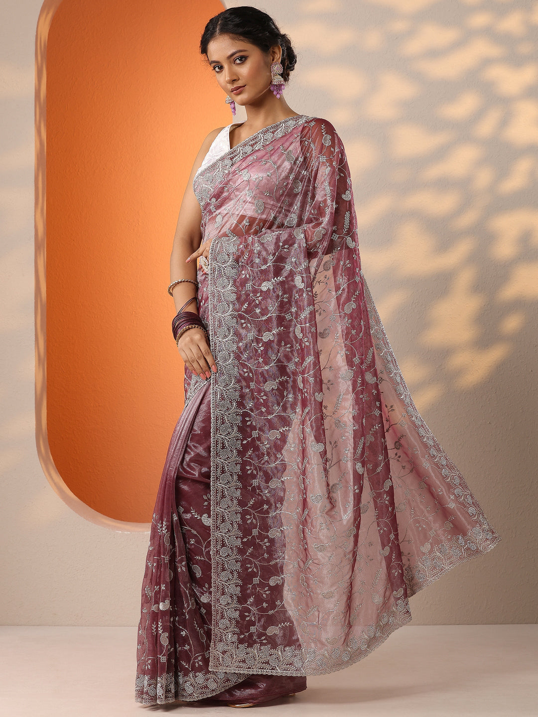 Purple Embellished Nylon Saree With Unstitched Blouse Piece