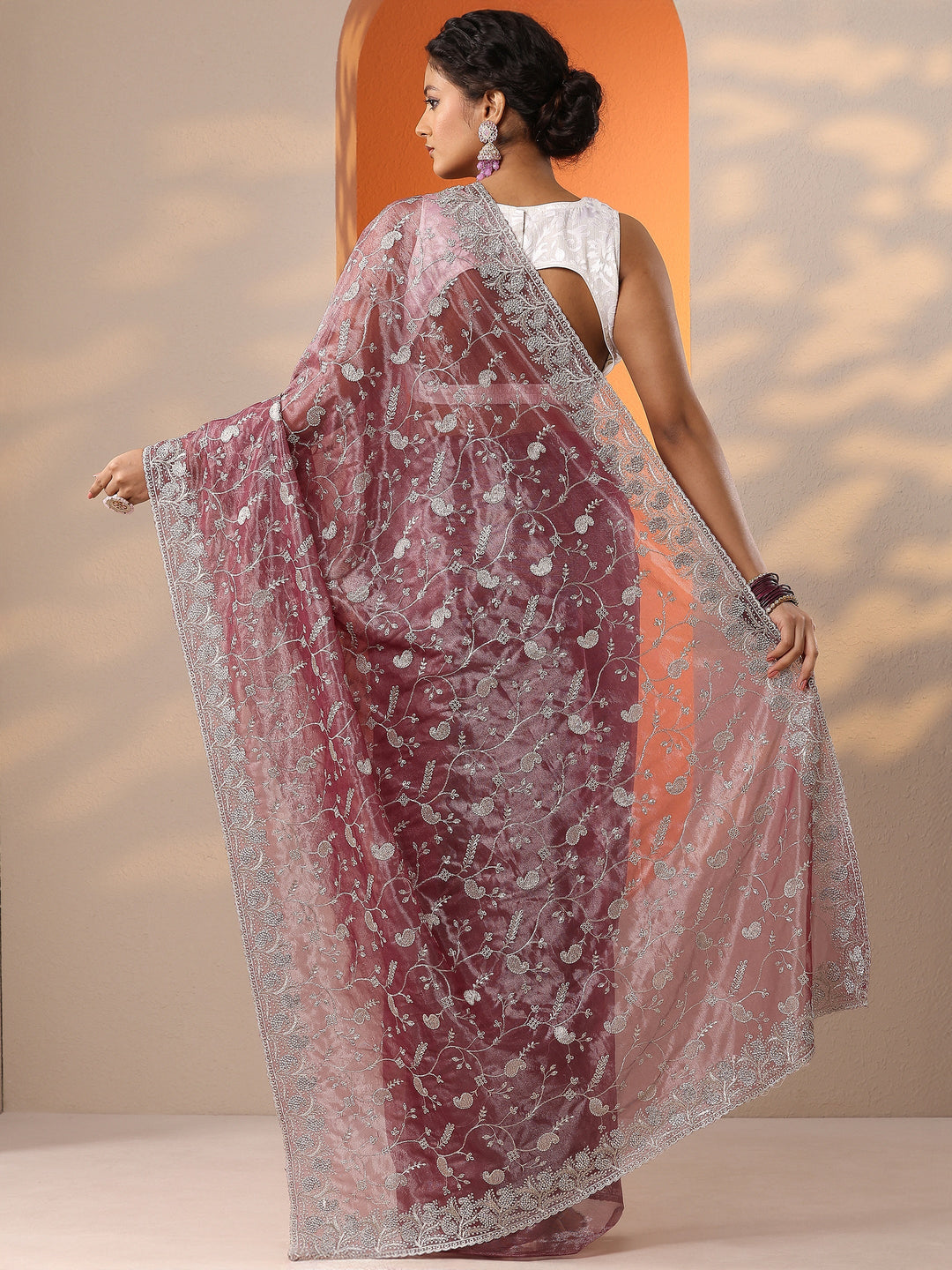 Purple Embellished Nylon Saree With Unstitched Blouse Piece