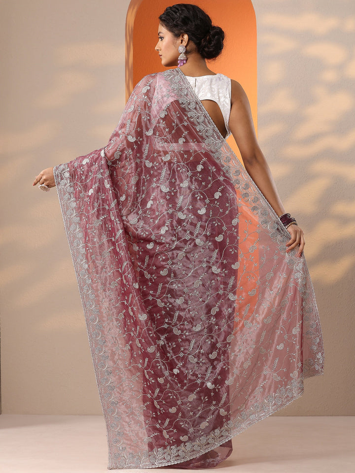 Purple Embellished Nylon Saree With Unstitched Blouse Piece