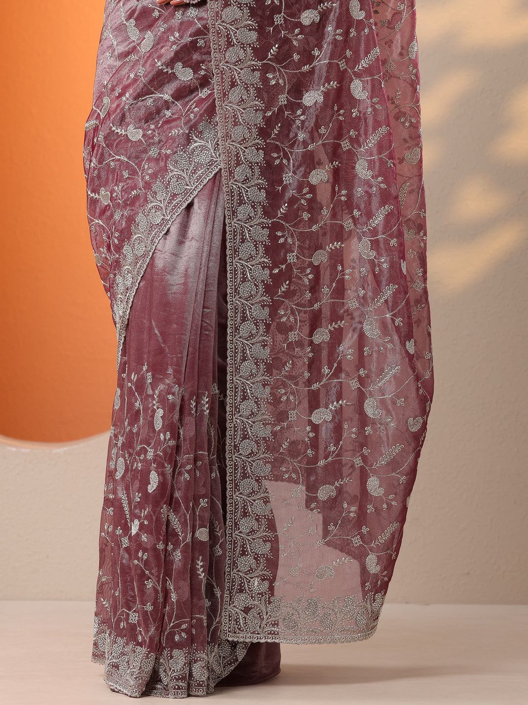 Purple Embellished Nylon Saree With Unstitched Blouse Piece