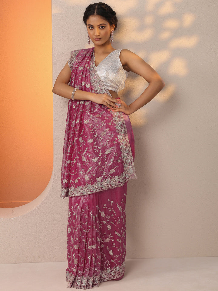 Pink Embellished Nylon Saree With Unstitched Blouse Piece