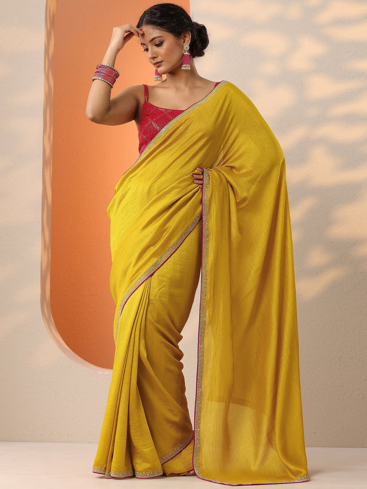 Mustard Solid Silk Blend Saree With Unstitched Blouse Piece