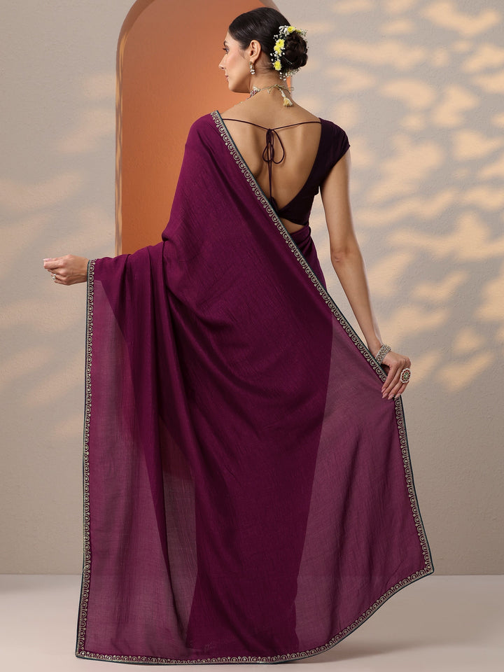 Burgundy Solid Silk Blend Saree With Unstitched Blouse Piece