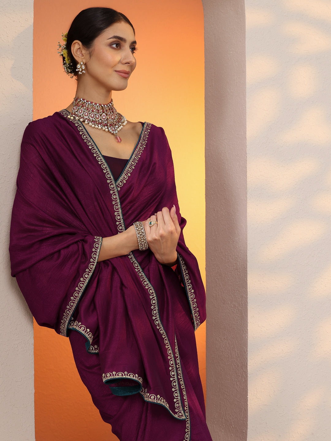 Burgundy Solid Silk Blend Saree With Unstitched Blouse Piece