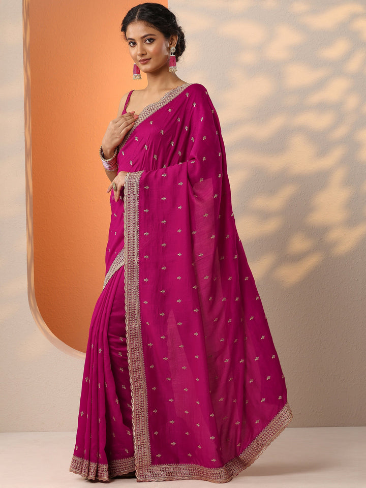 Pink Embellished Silk Blend Saree With Unstitched Blouse Piece