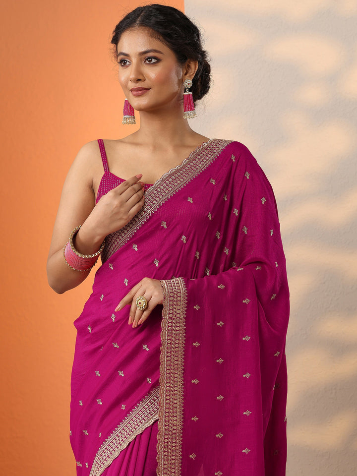 Pink Embellished Silk Blend Saree With Unstitched Blouse Piece