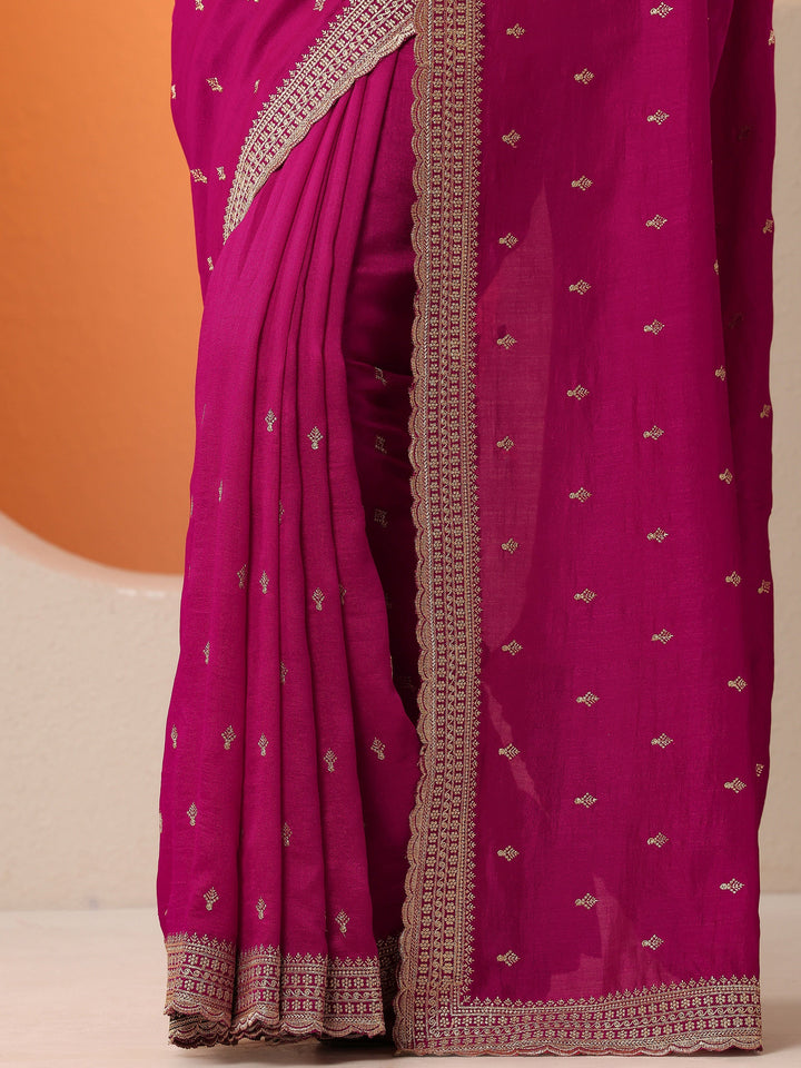 Pink Embellished Silk Blend Saree With Unstitched Blouse Piece