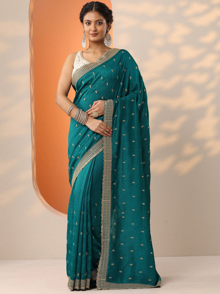 Blue Embellished Silk Blend Saree With Unstitched Blouse Piece