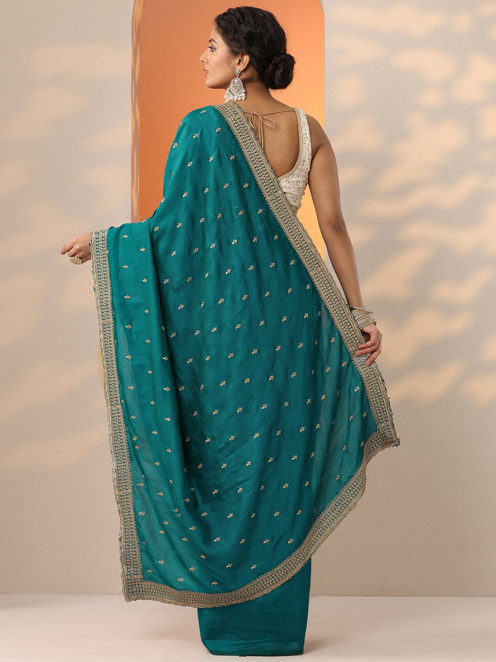 Blue Embellished Silk Blend Saree With Unstitched Blouse Piece