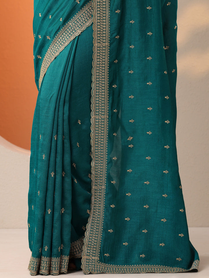 Blue Embellished Silk Blend Saree With Unstitched Blouse Piece