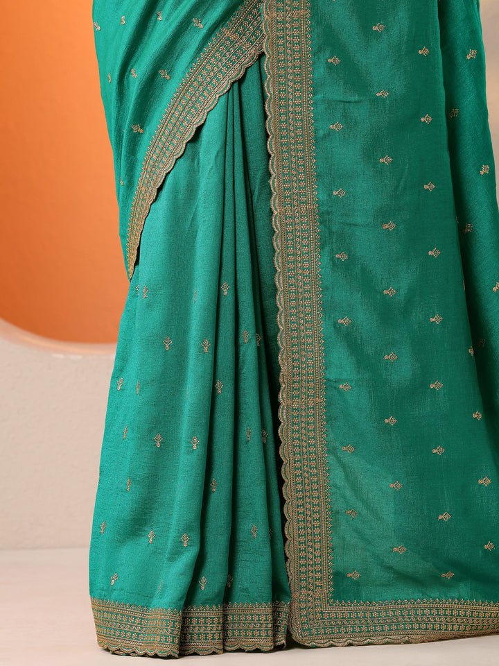 Green Embellished Silk Blend Saree With Unstitched Blouse Piece