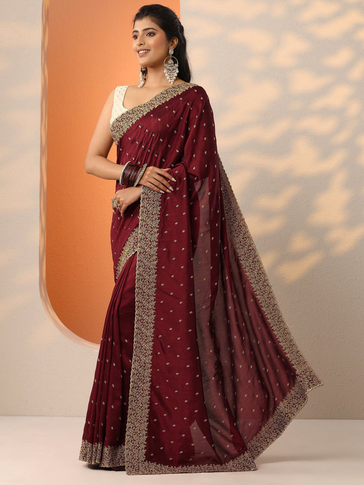 Maroon Embellished Silk Blend Saree With Unstitched Blouse Piece