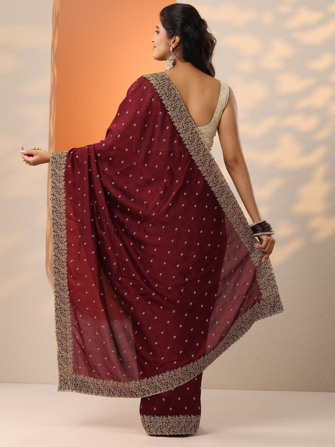 Maroon Embellished Silk Blend Saree With Unstitched Blouse Piece