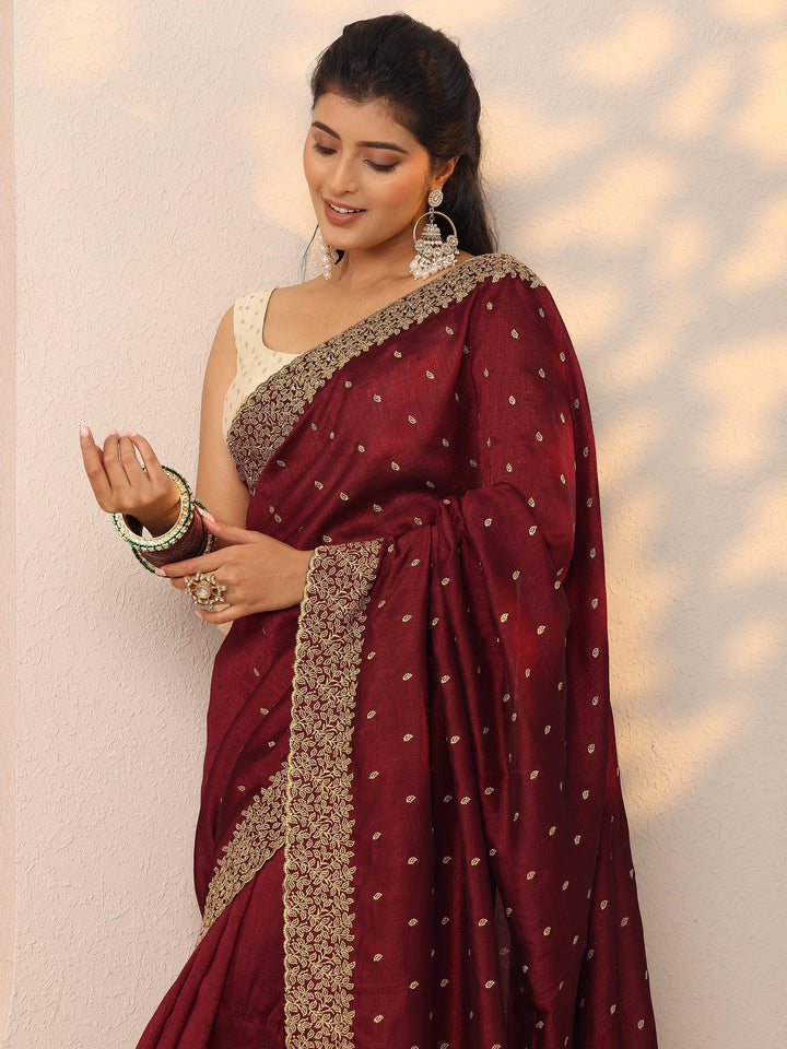 Maroon Embellished Silk Blend Saree With Unstitched Blouse Piece