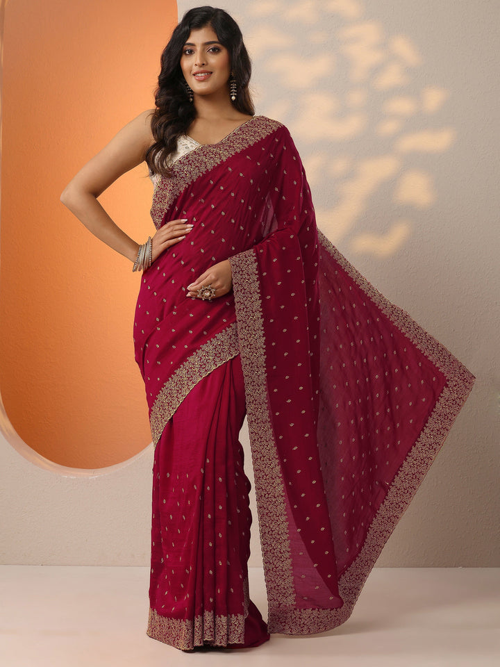 Red Embellished Silk Blend Saree With Unstitched Blouse Piece