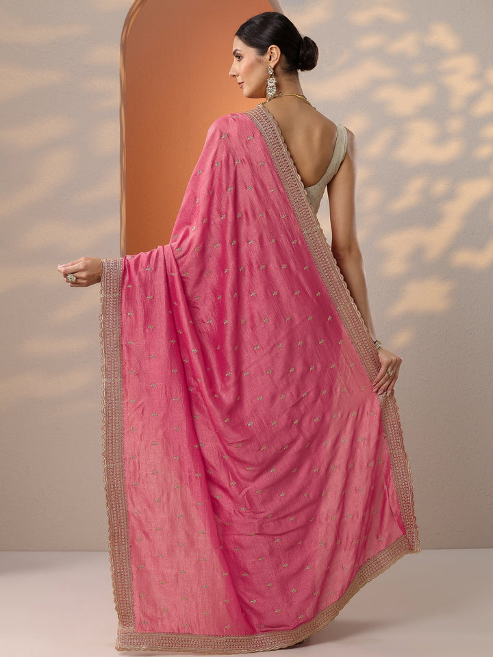 Pink Embellished Silk Blend Saree With Unstitched Blouse Piece
