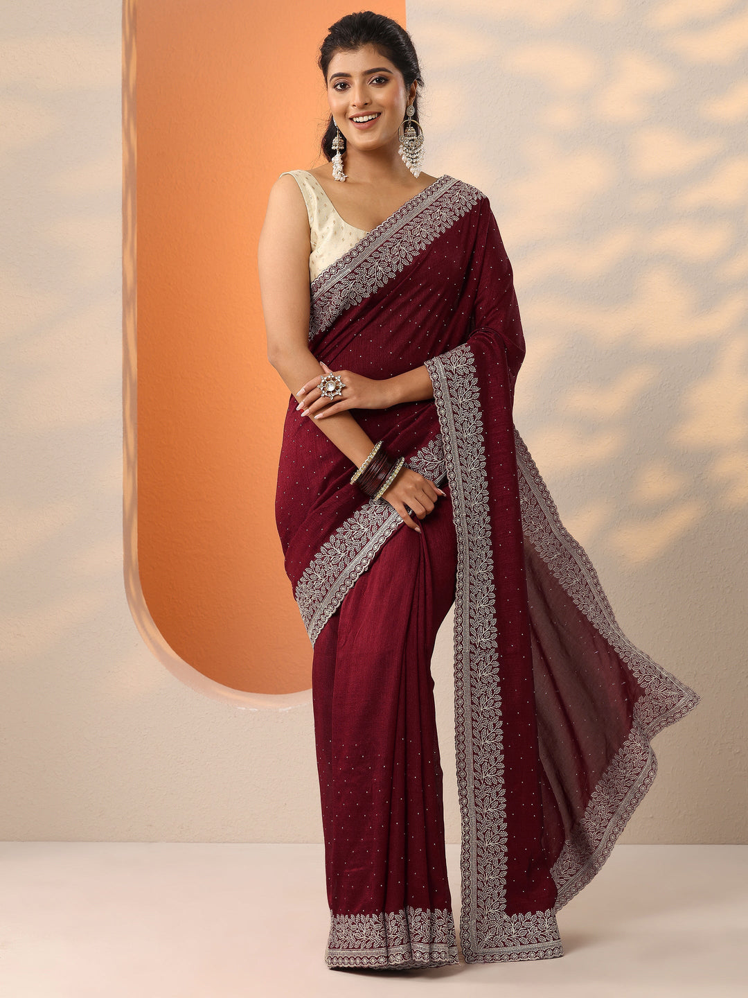 Maroon Embellished Silk Blend Saree With Unstitched Blouse Piece