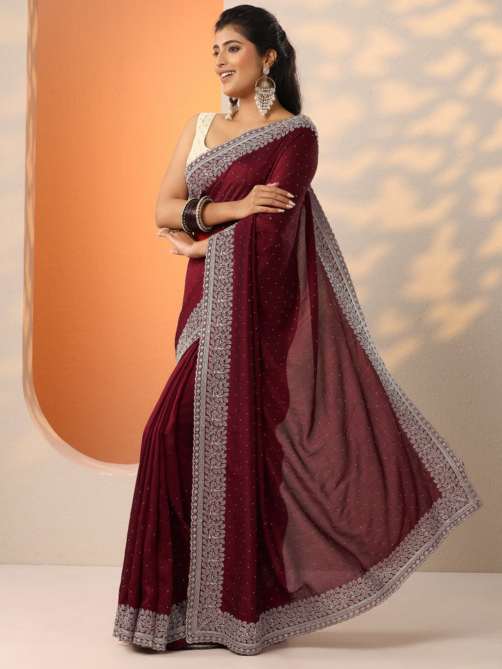 Maroon Embellished Silk Blend Saree With Unstitched Blouse Piece