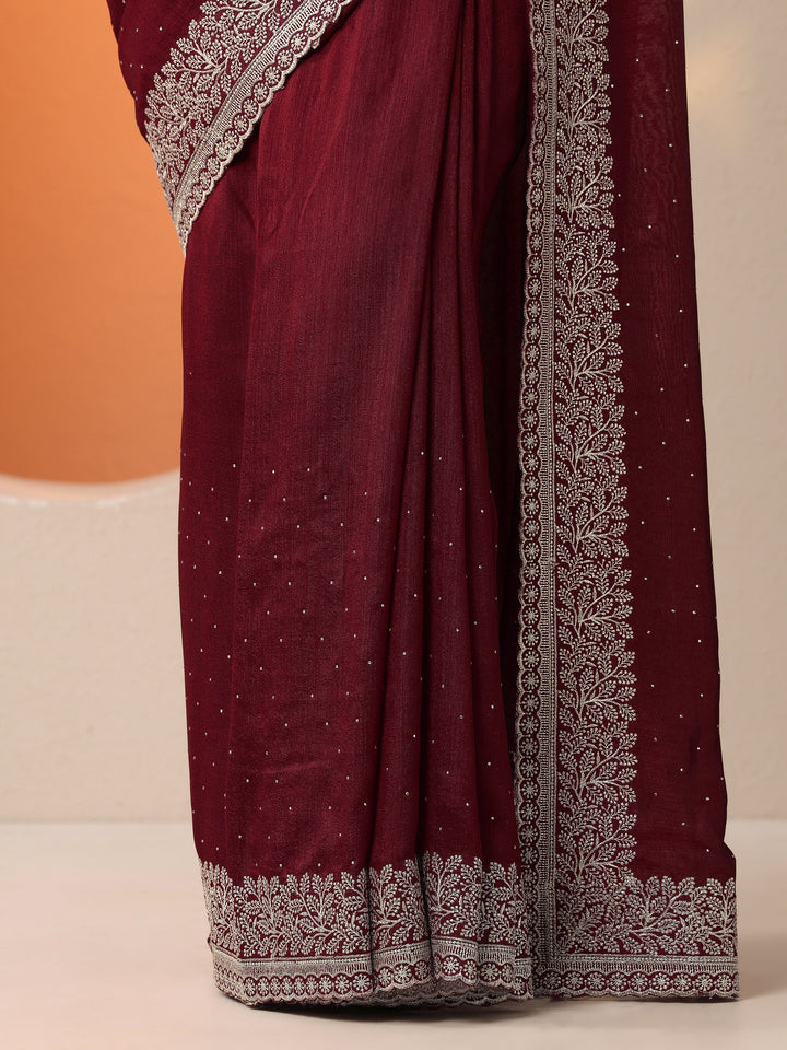 Maroon Embellished Silk Blend Saree With Unstitched Blouse Piece