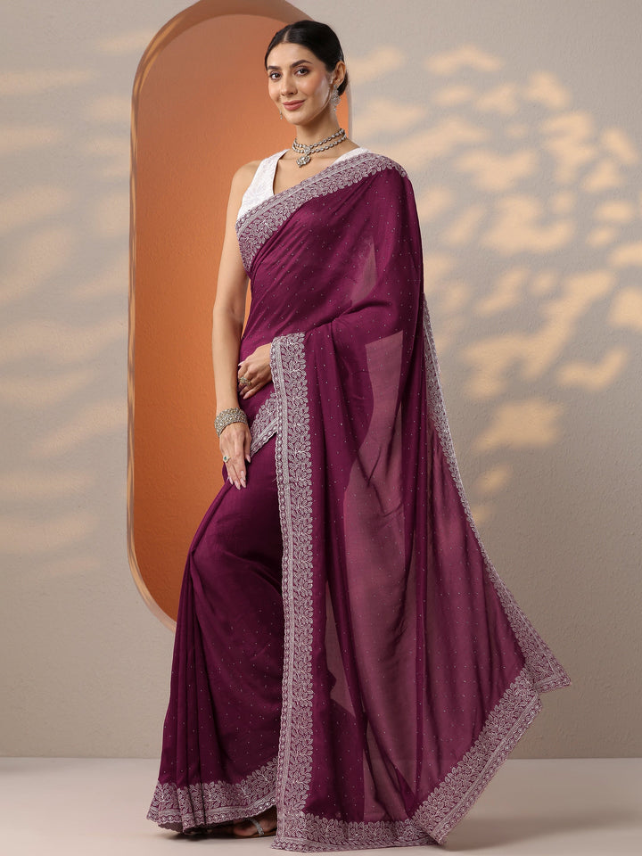 Burgundy Embellished Silk Blend Saree With Unstitched Blouse Piece