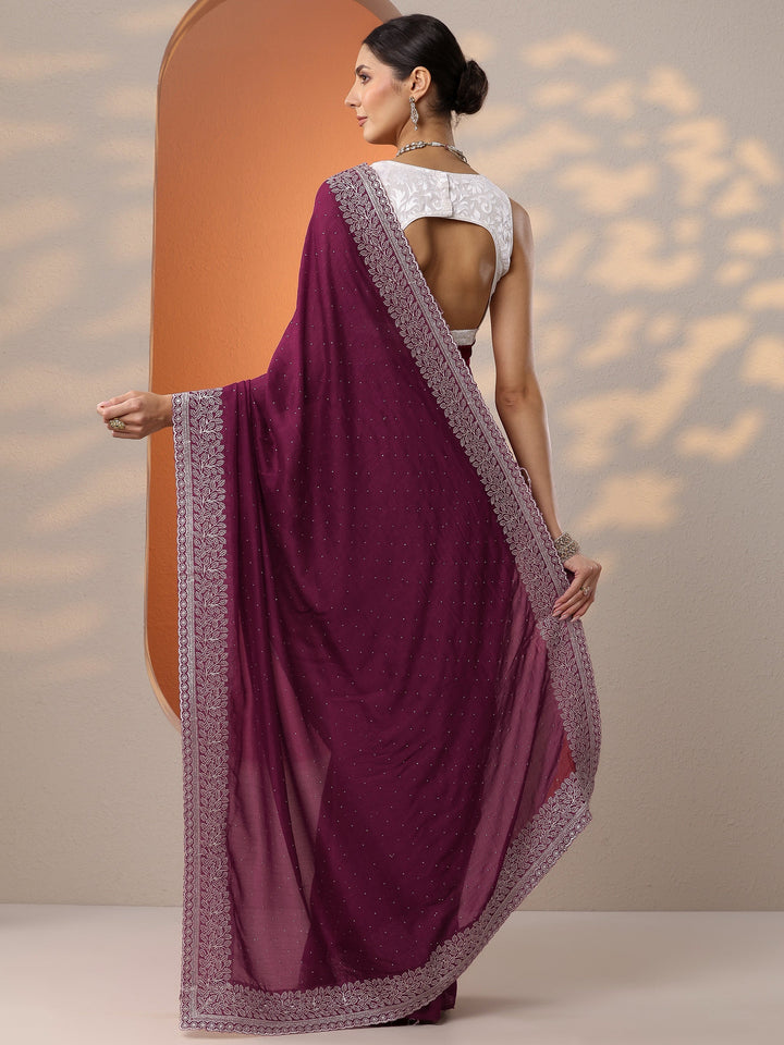 Burgundy Embellished Silk Blend Saree With Unstitched Blouse Piece