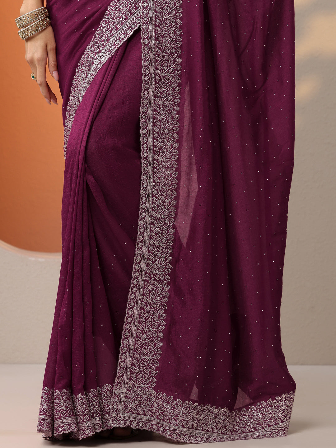 Burgundy Embellished Silk Blend Saree With Unstitched Blouse Piece