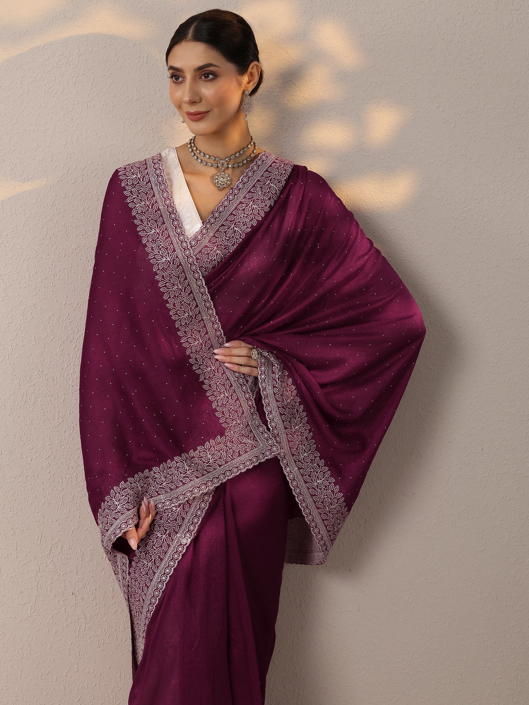 Burgundy Embellished Silk Blend Saree With Unstitched Blouse Piece