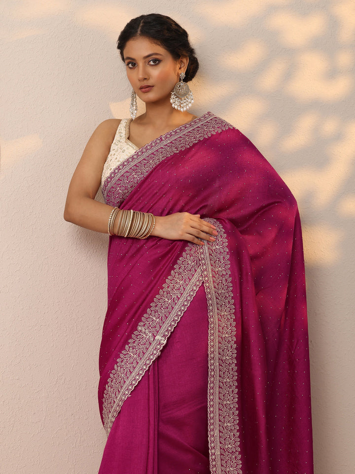 Pink Embellished Silk Blend Saree With Unstitched Blouse Piece