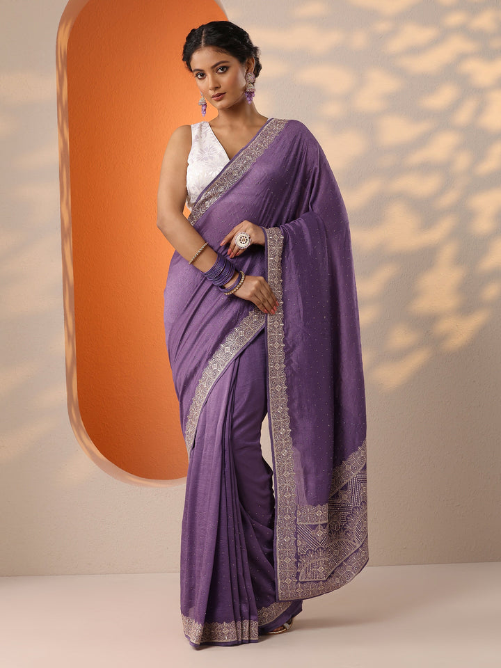 Purple Embellished Silk Blend Saree With Unstitched Blouse Piece