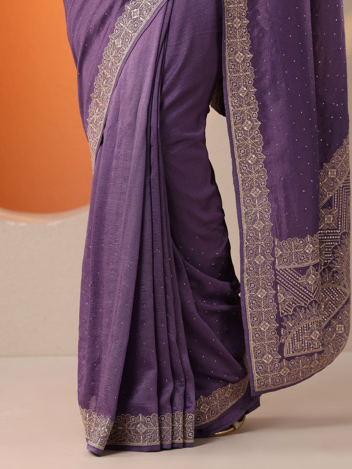 Purple Embellished Silk Blend Saree With Unstitched Blouse Piece