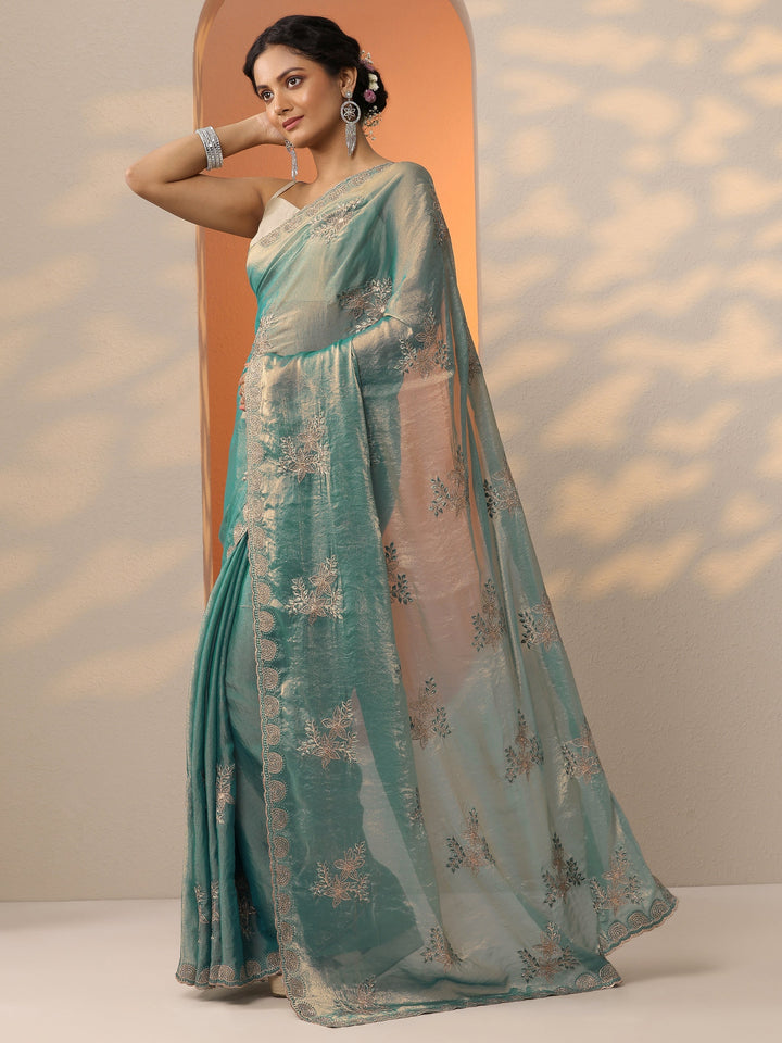 Teal Embroidered Organza Saree With Unstitched Blouse Piece