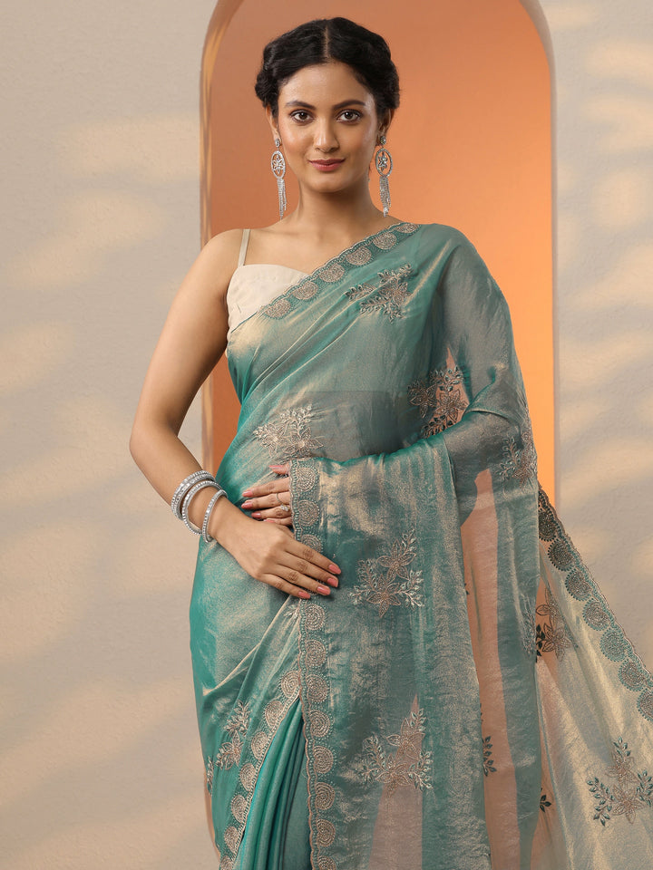 Teal Embroidered Organza Saree With Unstitched Blouse Piece