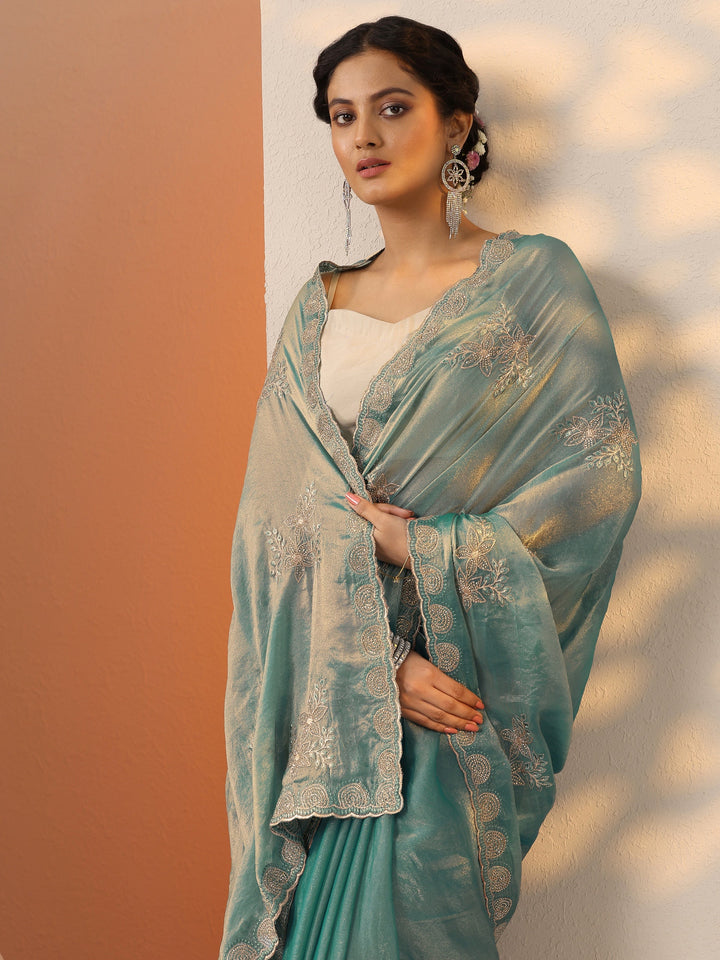 Teal Embroidered Organza Saree With Unstitched Blouse Piece