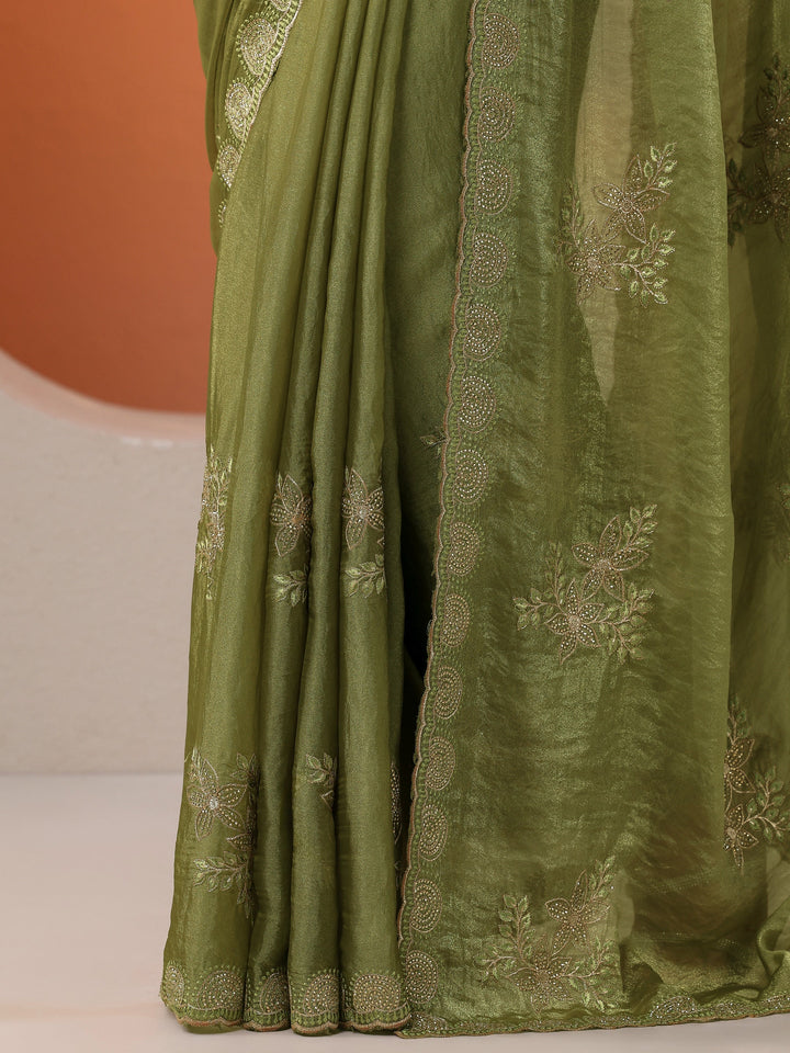 Green Embroidered Organza Saree With Unstitched Blouse Piece
