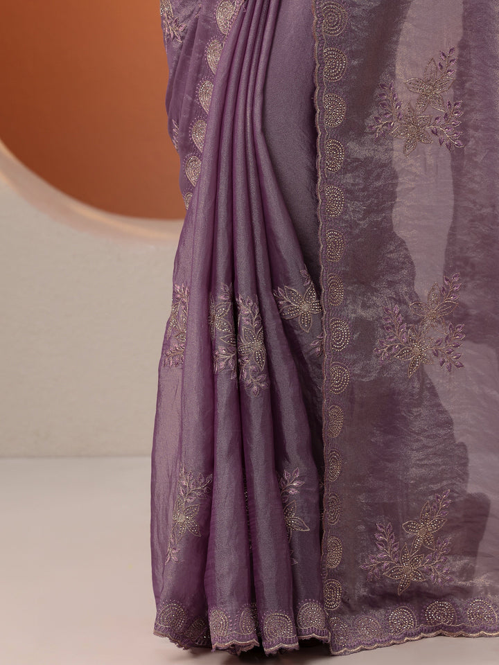 Purple Embroidered Organza Saree With Unstitched Blouse Piece