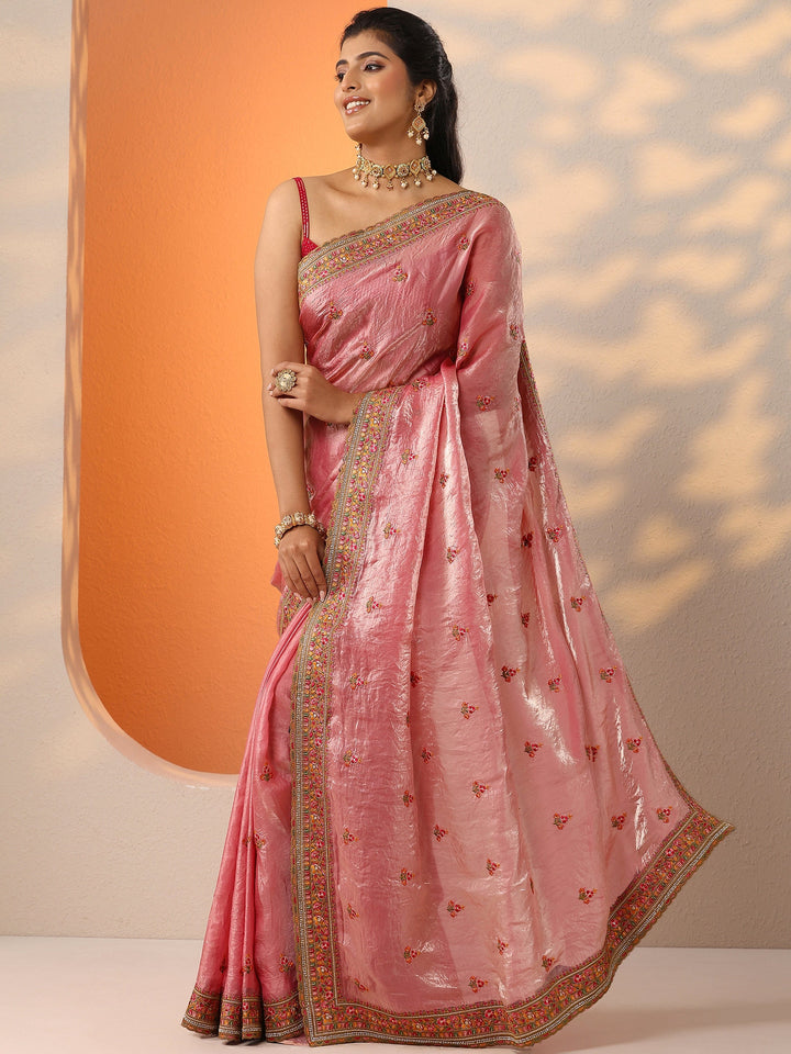 Pink Embroidered Organza Saree With Unstitched Blouse Piece