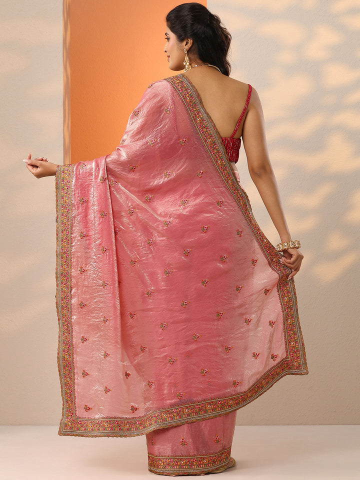 Pink Embroidered Organza Saree With Unstitched Blouse Piece