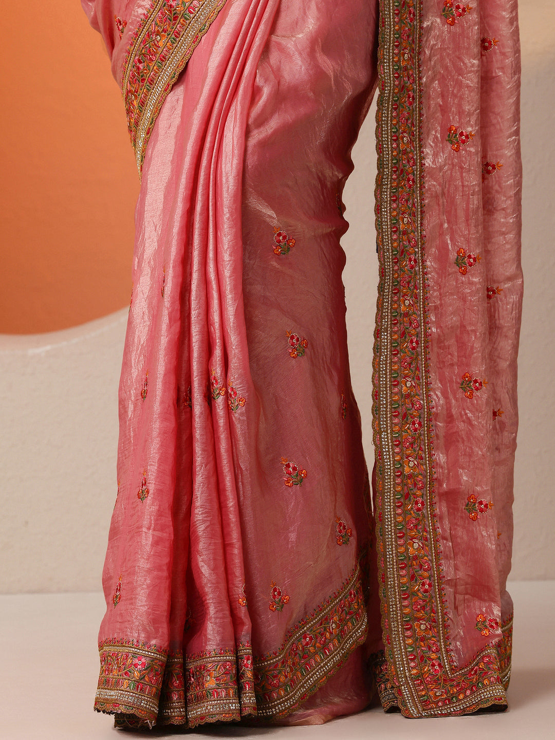 Pink Embroidered Organza Saree With Unstitched Blouse Piece