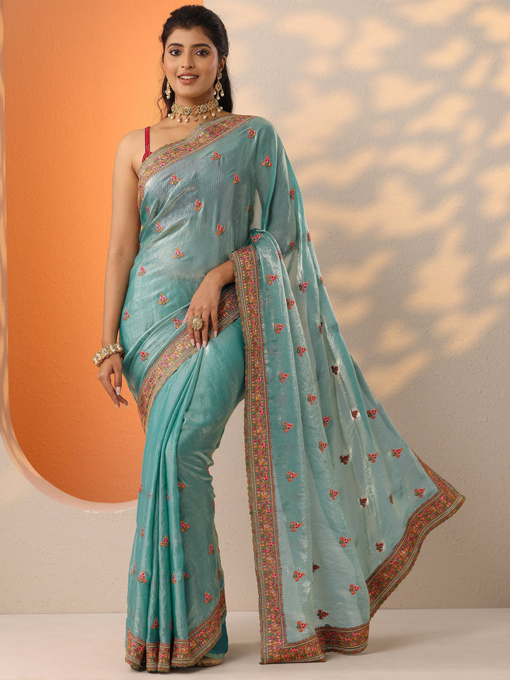 Blue Embroidered Organza Saree With Unstitched Blouse Piece