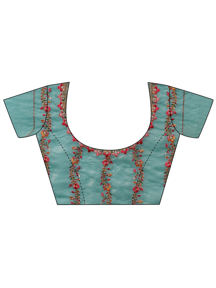 Blue Embroidered Organza Saree With Unstitched Blouse Piece