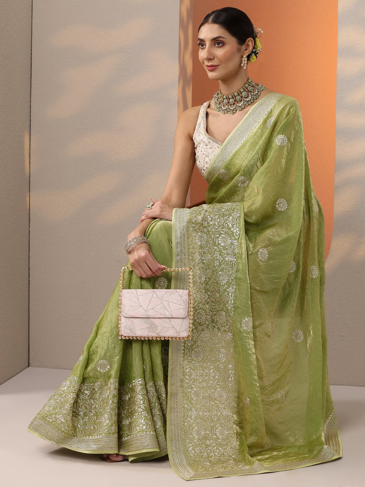Green Embellished Organza Saree With Unstitched Blouse Piece