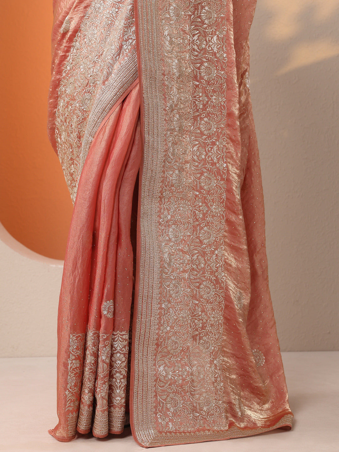 Peach Embellished Banarasi Organza Saree With Unstitched Blouse Piece