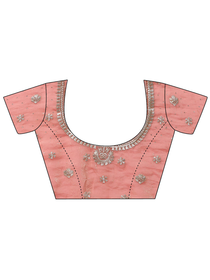 Peach Embellished Banarasi Organza Saree With Unstitched Blouse Piece