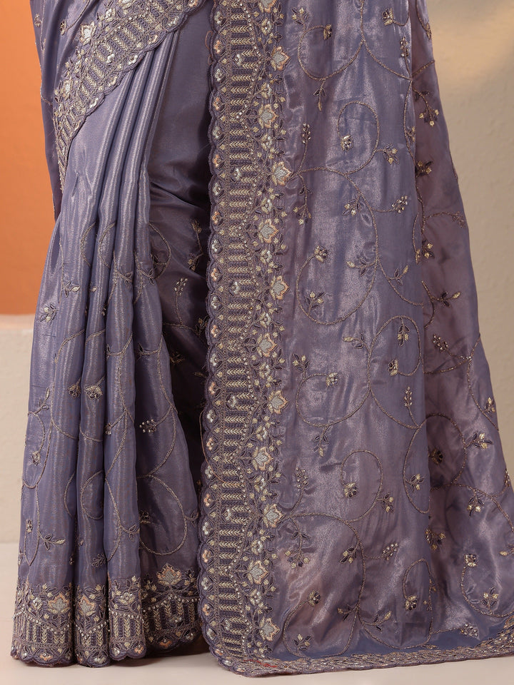 Purple Embroidered Organza Saree With Unstitched Blouse Piece