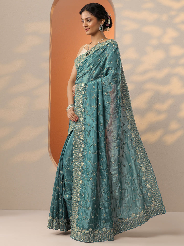 Blue Embroidered Organza Saree With Unstitched Blouse Piece