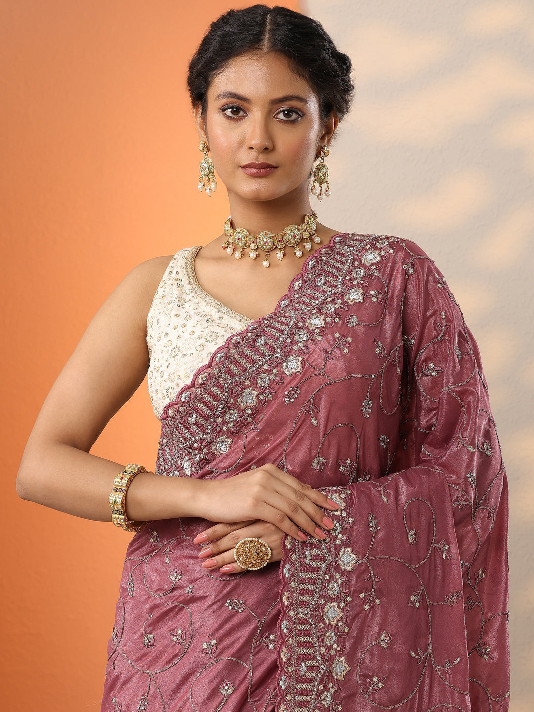 Mauve Embroidered Organza Saree With Unstitched Blouse Piece