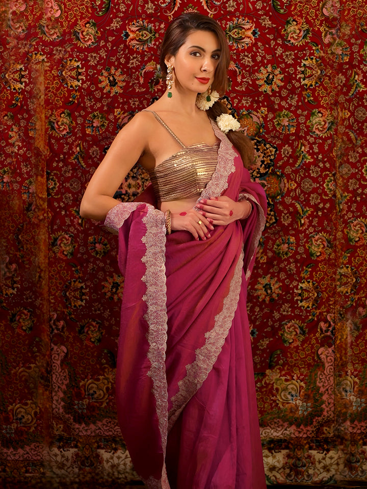 Pink Solid Organza Saree With Unstitched Blouse Piece