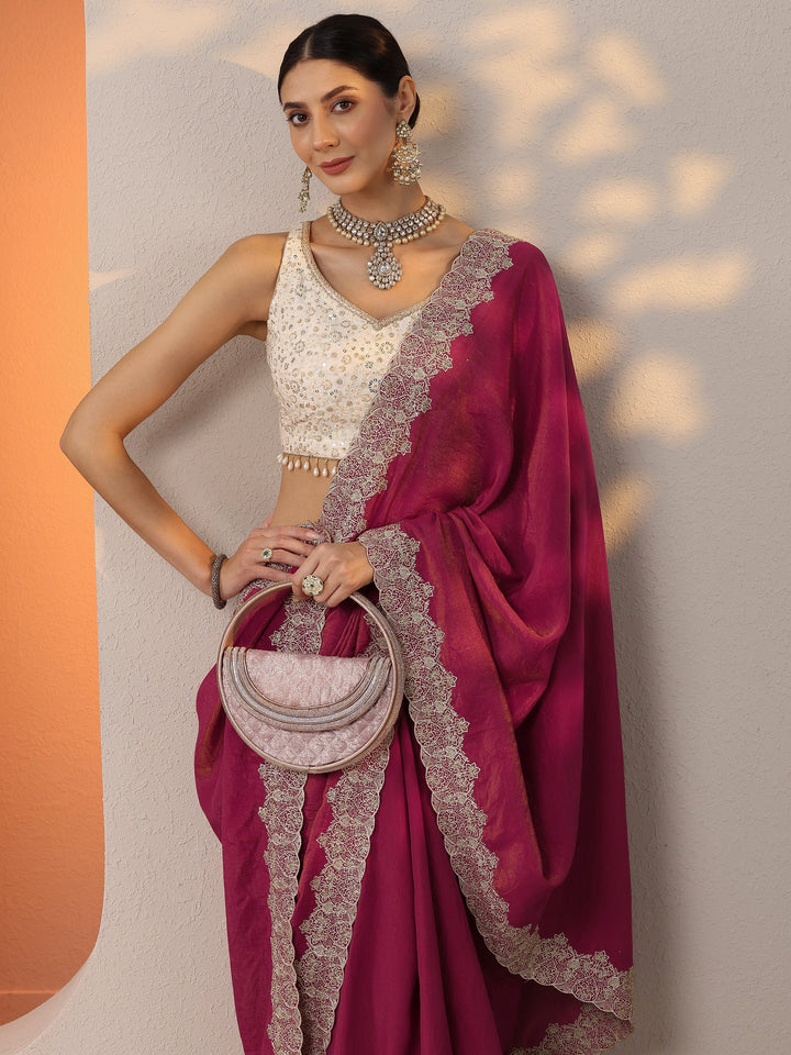 Pink Solid Organza Saree With Unstitched Blouse Piece